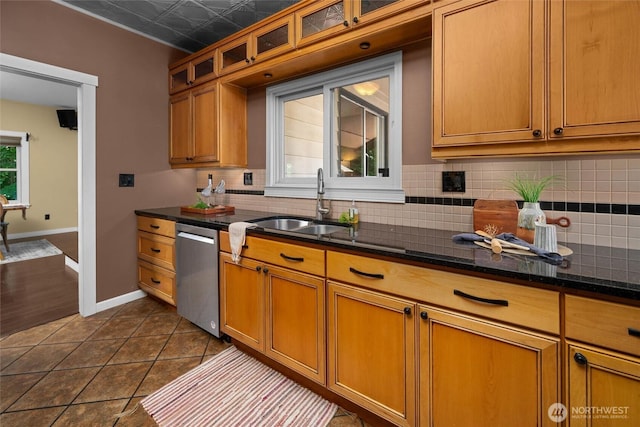 3536 Arbor St, Bellingham, WA 98229 - kitchen featuring dishwasher, decorative backsplash, a sink, baseboards, and an ornate ceiling