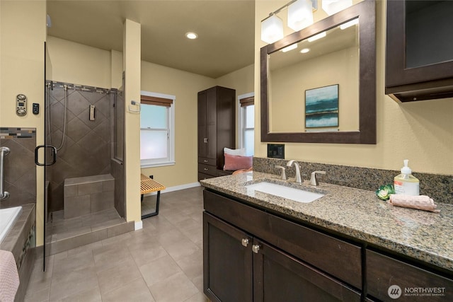 3536 Arbor St, Bellingham, WA 98229 - full bathroom featuring vanity, a shower stall, tile patterned flooring, baseboards, and recessed lighting