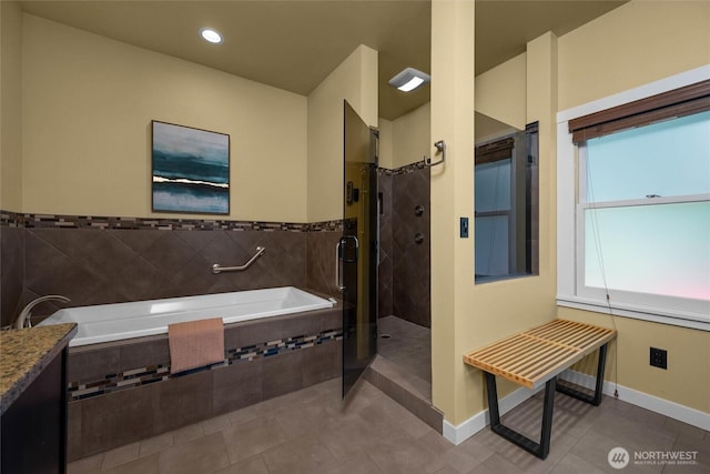 3536 Arbor St, Bellingham, WA 98229 - bathroom featuring tile patterned flooring, a garden tub, a stall shower, baseboards, and recessed lighting