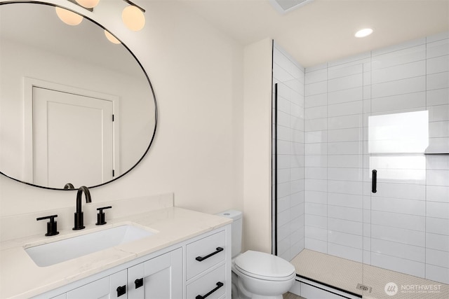 118 4th Ave S, Algona, WA 98001 - full bath with baseboard heating, vanity, toilet, a stall shower, and recessed lighting