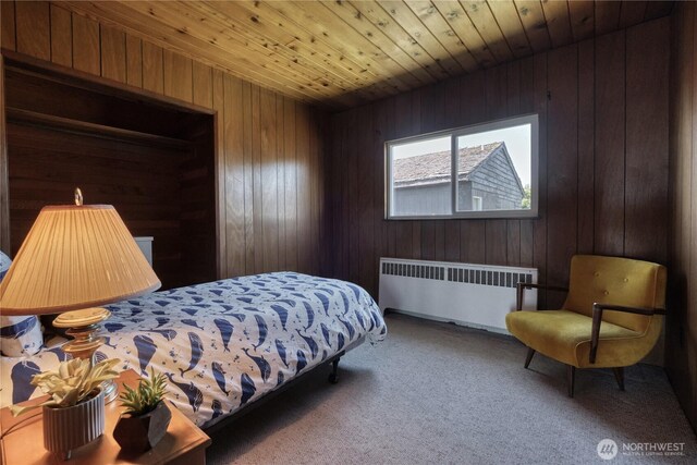 1811 Edwards Dr, Point Roberts, WA 98281 - carpeted bedroom featuring radiator heating unit, wood walls, and wooden ceiling
