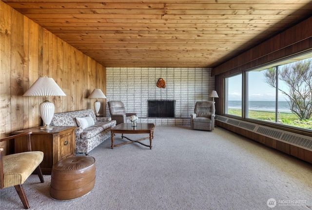 1811 Edwards Dr, Point Roberts, WA 98281 - carpeted living room featuring wood ceiling, wooden walls, a brick fireplace, and a water view