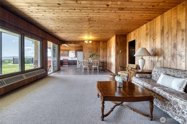 1811 Edwards Dr, Point Roberts, WA 98281 - carpeted living room featuring wood walls and wooden ceiling