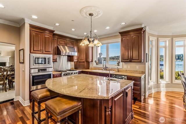 17765 Beach Dr NE, Lake Forest Park, WA 98155 - kitchen with appliances with stainless steel finishes, under cabinet range hood, a sink, dark wood-type flooring, and a kitchen island with sink
