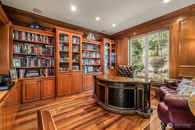 17765 Beach Dr NE, Lake Forest Park, WA 98155 - office featuring ornamental molding, light wood-type flooring, and recessed lighting