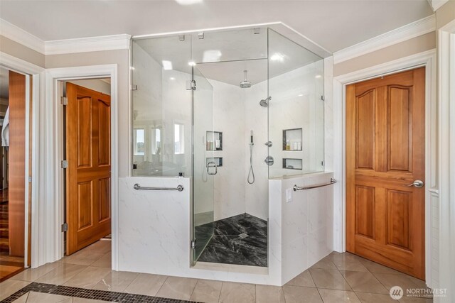 17765 Beach Dr NE, Lake Forest Park, WA 98155 - full bathroom with a marble finish shower, tile patterned floors, and ornamental molding