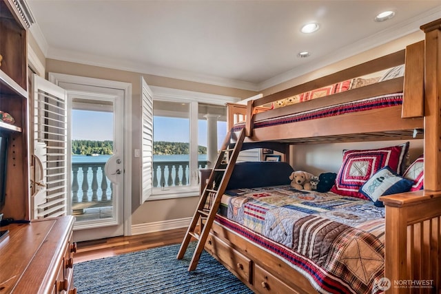 17765 Beach Dr NE, Lake Forest Park, WA 98155 - bedroom featuring access to exterior, crown molding, wood finished floors, recessed lighting, and baseboards