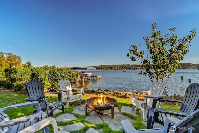 17765 Beach Dr NE, Lake Forest Park, WA 98155 - view of patio with a fire pit, a water view, and a dock