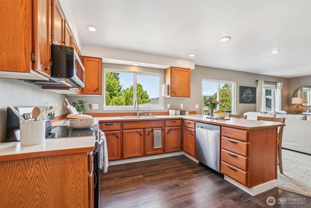 26820 NE 163rd St, Duvall, WA 98019 - kitchen with appliances with stainless steel finishes, a peninsula, a sink, brown cabinetry, and dark wood-type flooring