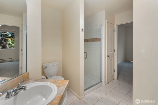 2220 132nd Ave SE Unit A220, Bellevue, WA 98005 - bathroom featuring a baseboard heating unit, tile patterned flooring, vanity, a stall shower, and toilet