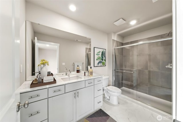 14830 203rd Ave E Unit 684, Bonney Lake, WA 98391 - bathroom with vanity, a shower stall, toilet, marble finish floors, and recessed lighting