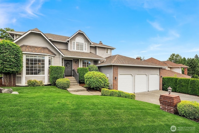 4624 SW 329th Way, Federal Way, WA 98023 - traditional home with a garage, brick siding, a front yard, driveway, and a chimney