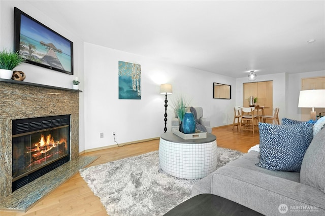 6970 California Ave SW Unit B304, Seattle, WA 98136 - living area featuring a glass covered fireplace and wood finished floors