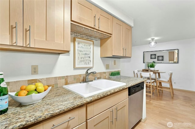 6970 California Ave SW Unit B304, Seattle, WA 98136 - kitchen featuring dishwasher, light brown cabinetry, light wood-type flooring, and light stone countertops