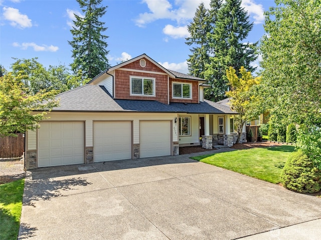 27701 NE 145th Pl, Duvall, WA 98019 - craftsman-style house with driveway, stone siding, roof with shingles, an attached garage, and covered porch