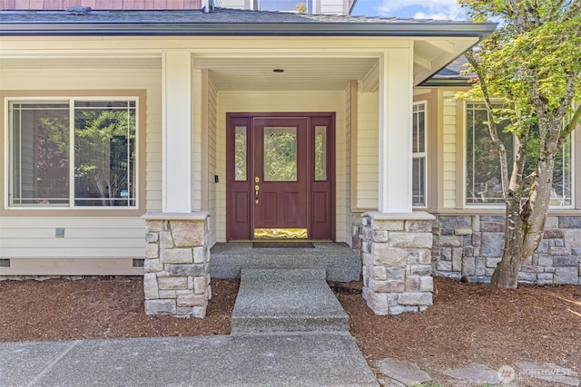 27701 NE 145th Pl, Duvall, WA 98019 - doorway to property with stone siding, crawl space, and roof with shingles