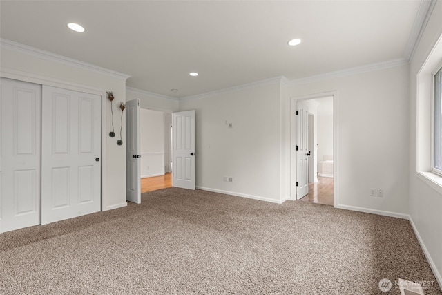 27701 NE 145th Pl, Duvall, WA 98019 - unfurnished bedroom featuring carpet floors, ornamental molding, a closet, recessed lighting, and connected bathroom
