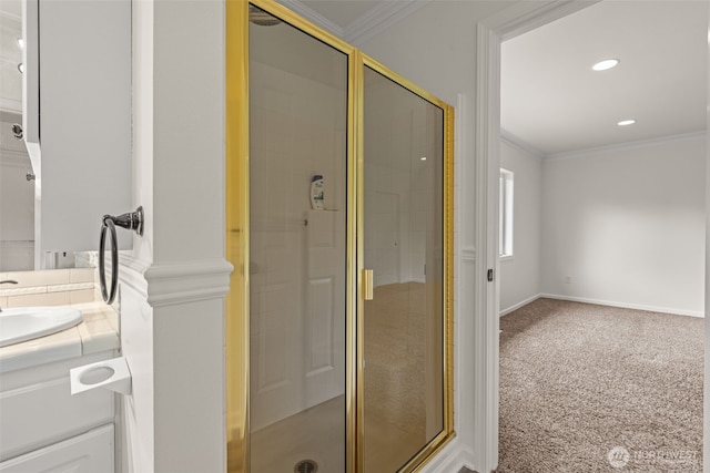 27701 NE 145th Pl, Duvall, WA 98019 - bathroom featuring a shower stall, crown molding, vanity, and recessed lighting