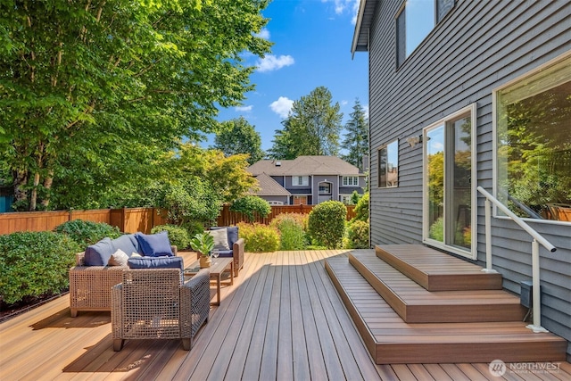 23976 SE 40th Pl, Sammamish, WA 98029 - wooden deck featuring an outdoor living space and a fenced backyard