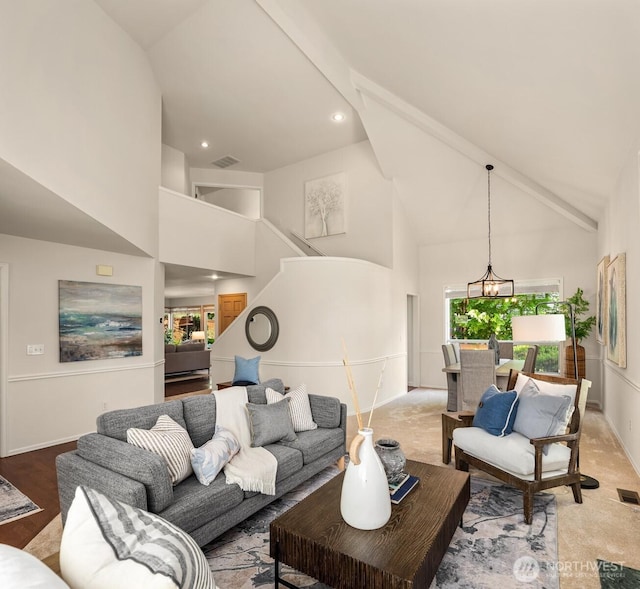 23976 SE 40th Pl, Sammamish, WA 98029 - living area featuring high vaulted ceiling, carpet, a chandelier, baseboards, and recessed lighting
