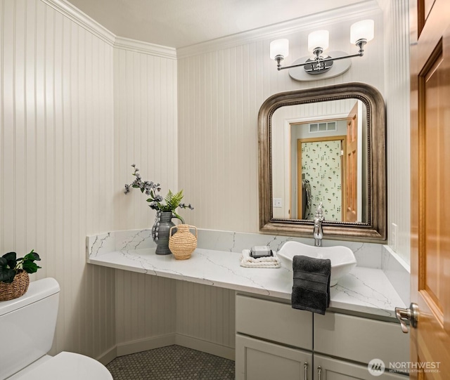23976 SE 40th Pl, Sammamish, WA 98029 - half bathroom featuring vanity, toilet, and crown molding