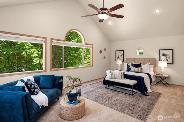 23976 SE 40th Pl, Sammamish, WA 98029 - carpeted bedroom featuring high vaulted ceiling, recessed lighting, baseboards, and a ceiling fan