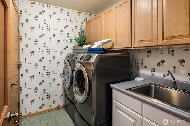 23976 SE 40th Pl, Sammamish, WA 98029 - washroom featuring cabinet space, independent washer and dryer, wallpapered walls, baseboards, and carpet