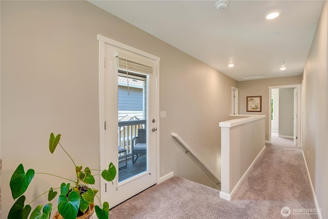 8713 E Gilman Ave, Arlington, WA 98223 - corridor with an upstairs landing, light carpet, baseboards, and recessed lighting