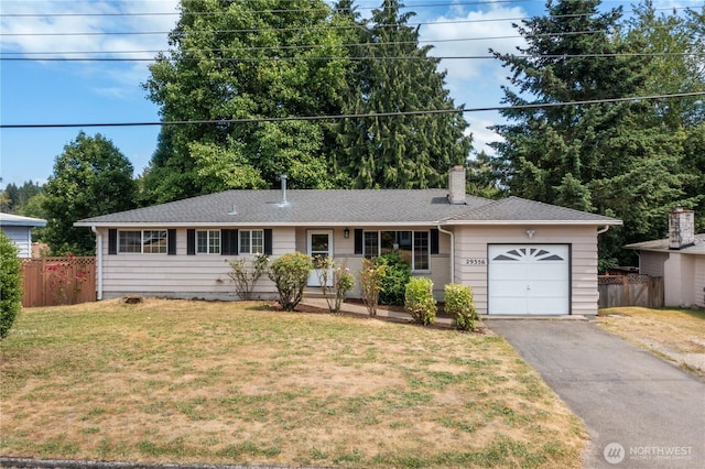 29356 38th Pl S, Auburn, WA 98001 - ranch-style house featuring a garage, asphalt driveway, a chimney, and roof with shingles
