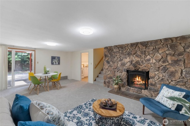 29356 38th Pl S, Auburn, WA 98001 - living room with light colored carpet, stairway, and a fireplace
