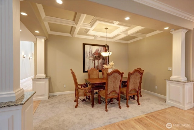 16308 Simonds Rd NE, Kenmore, WA 98028 - dining area featuring decorative columns, coffered ceiling, crown molding, baseboards, and recessed lighting