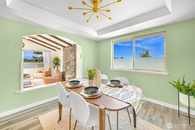 801 38th St, Bellingham, WA 98229 - dining room featuring arched walkways, baseboards, wood finished floors, and healthy amount of natural light