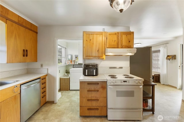 3804 Olympic Blvd W, University Place, WA 98466 - kitchen with dishwasher, washer / clothes dryer, under cabinet range hood, white electric range oven, and plenty of natural light