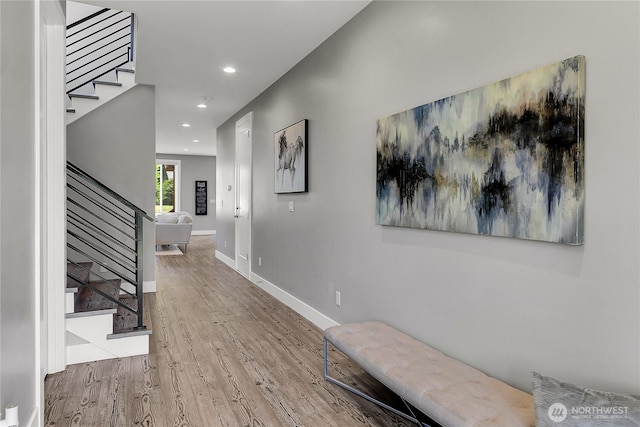 10617 Rosewood Ave Unit A, Everett, WA 98204 - corridor featuring stairs, wood finished floors, recessed lighting, and baseboards