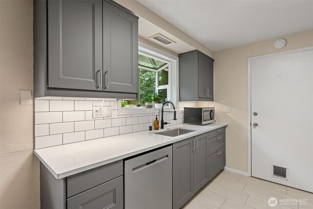 35804 15th Ave SW, Federal Way, WA 98023 - kitchen featuring appliances with stainless steel finishes, gray cabinetry, decorative backsplash, and light countertops