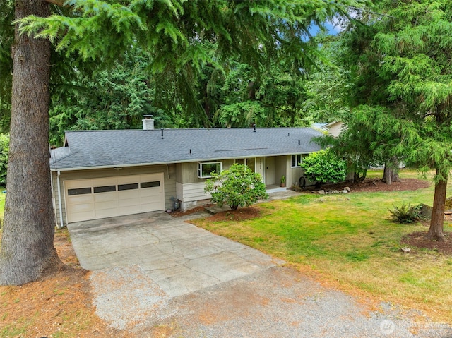 35804 15th Ave SW, Federal Way, WA 98023 - ranch-style home featuring a garage, a chimney, roof with shingles, concrete driveway, and a front lawn