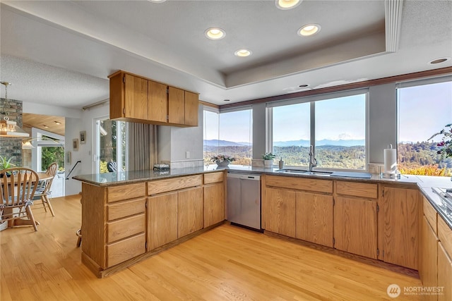 20219 SE 344th St, Auburn, WA 98092 - kitchen with stainless steel dishwasher, light wood-type flooring, a sink, a peninsula, and recessed lighting