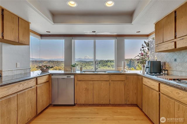 20219 SE 344th St, Auburn, WA 98092 - kitchen with stainless steel dishwasher, a raised ceiling, a sink, backsplash, and recessed lighting