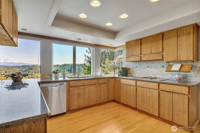 20219 SE 344th St, Auburn, WA 98092 - kitchen with dishwasher, a sink, recessed lighting, light wood-style floors, and tasteful backsplash