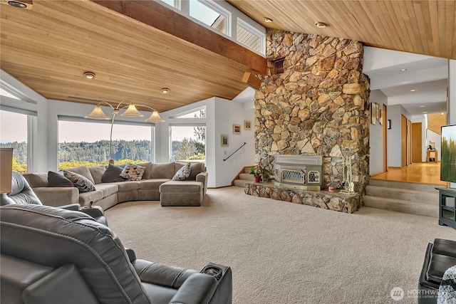 20219 SE 344th St, Auburn, WA 98092 - living room featuring carpet, wood ceiling, stairs, high vaulted ceiling, and a fireplace