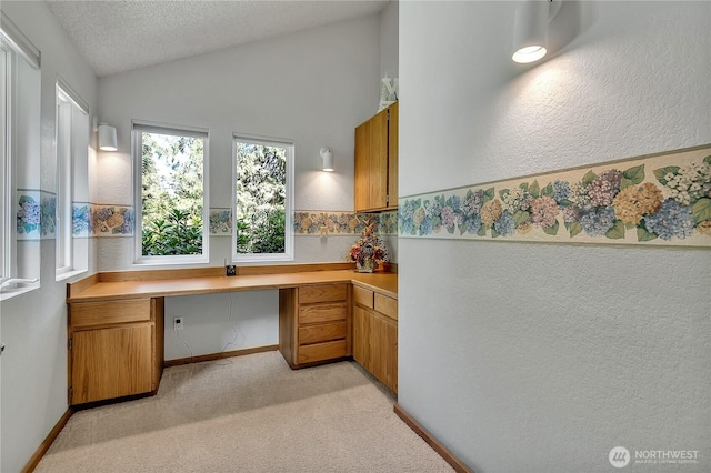 20219 SE 344th St, Auburn, WA 98092 - unfurnished office featuring built in desk, lofted ceiling, light carpet, a textured ceiling, and baseboards
