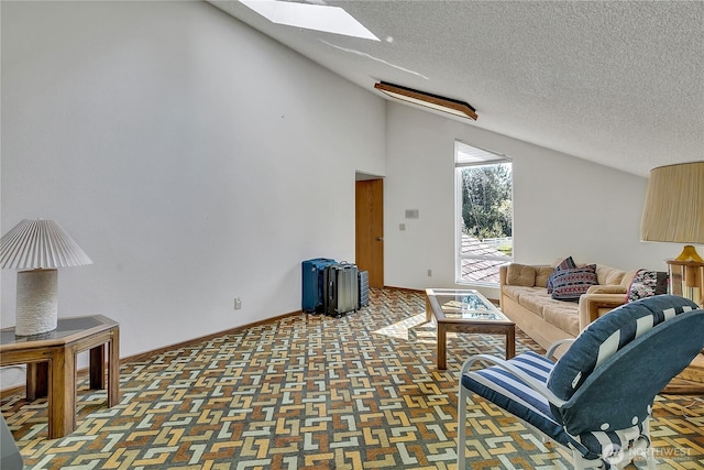 20219 SE 344th St, Auburn, WA 98092 - living area featuring a skylight, baseboards, a textured ceiling, and lofted ceiling