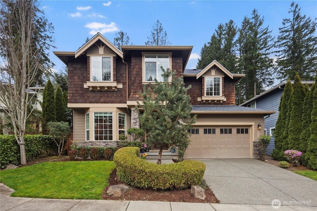 24332 NE 8th Pl, Sammamish, WA 98074 - view of front facade featuring driveway, stone siding, an attached garage, and a front yard