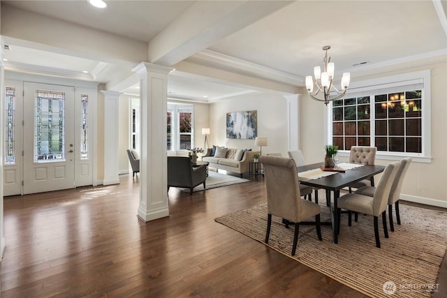 24332 NE 8th Pl, Sammamish, WA 98074 - dining space with ornate columns, a chandelier, dark wood finished floors, recessed lighting, and crown molding