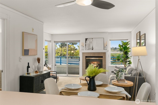 2244 13th Ave W Unit 106, Seattle, WA 98119 - dining space with ceiling fan and a fireplace