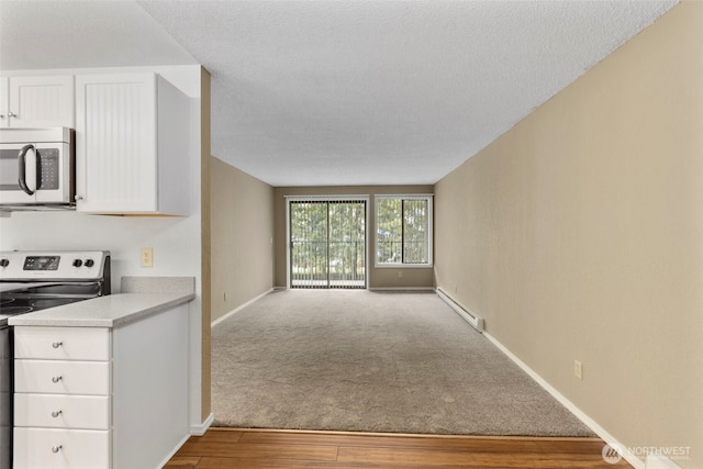 750 N 143rd St Unit 211, Seattle, WA 98133 - kitchen with stainless steel appliances, baseboard heating, white cabinets, wood finished floors, and carpet floors
