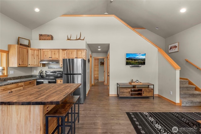 11175 Wending Ln, Leavenworth, WA 98826 - kitchen with appliances with stainless steel finishes, under cabinet range hood, butcher block counters, light brown cabinetry, and a kitchen bar