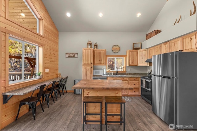 11175 Wending Ln, Leavenworth, WA 98826 - kitchen featuring stainless steel appliances, a sink, light brown cabinets, high vaulted ceiling, and butcher block counters