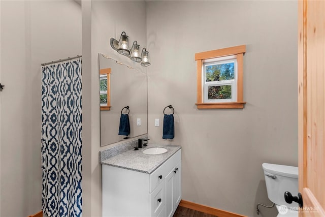 11175 Wending Ln, Leavenworth, WA 98826 - full bathroom with toilet, vanity, a shower with curtain, wood finished floors, and baseboards