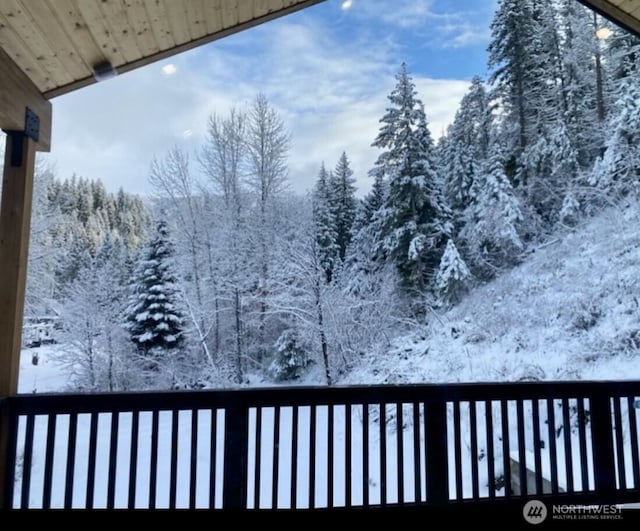 11175 Wending Ln, Leavenworth, WA 98826 - snow covered deck featuring a forest view